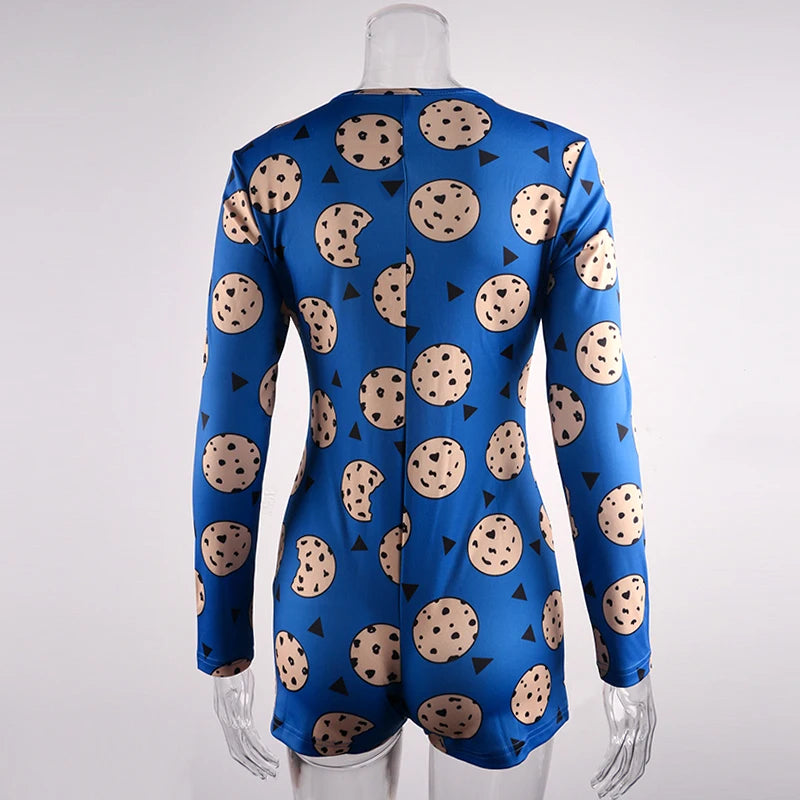 Cartoon Cookies Printed Women Sexy Oneies Bodycon Jumpsuit Romper Long Sleeve HomeWear Tracksuit Playsuit Pajama Onesies