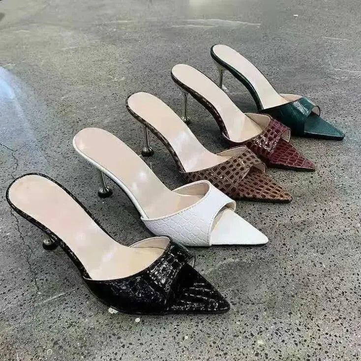 Luxury Women Ultra-High-Heeled Thin Metal Sandals with Pointed Fish Mouth Snake Print Large Size Wine Glasses Party Slippers