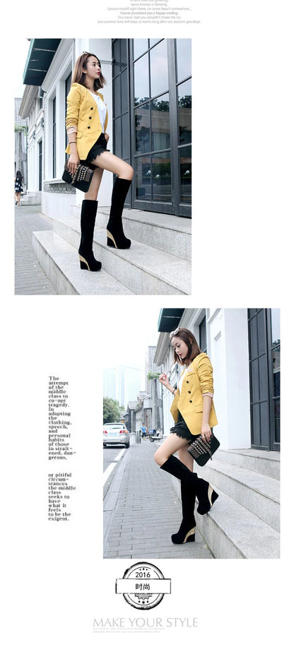 Flock Stitching Sequined Cloth Wedges Women's Knee-Length Boots Inner Heightening Platform Flat-Bottomed Winter Long Boots