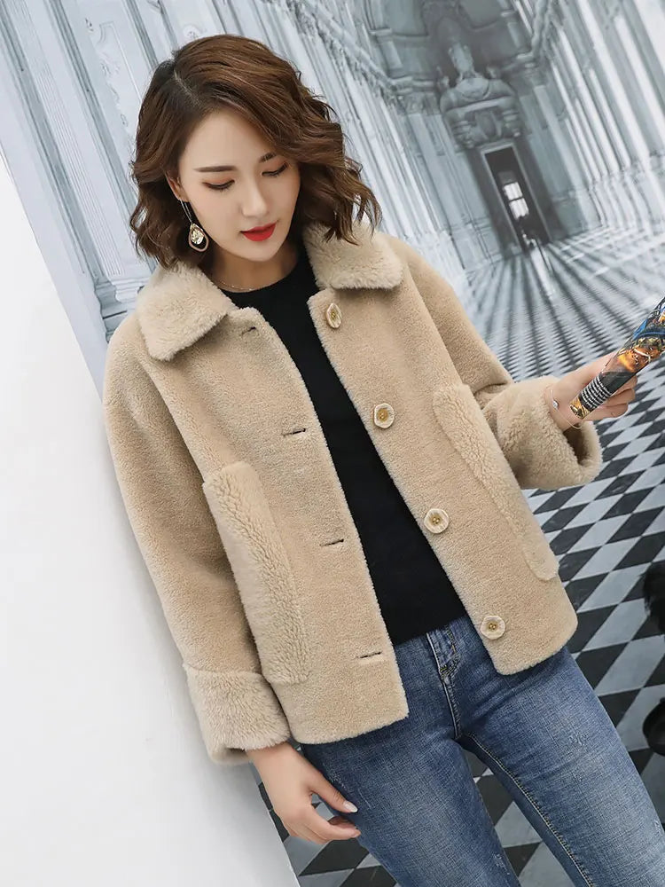 Real Fur Sheepskin Coat Women Winter  Genuine Wool Coats Female turndown Collar Winter Warm Sheep Shearing Jacket Outercoat