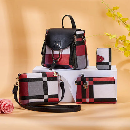 4 Pcs Set Ladies HandBags Large Capacity Handbags Plaid Color Backpack For Female PU Leather Fashion Tote Shoulder Crossbody Bag