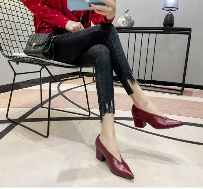 Sandals Luxury Brand Sexy Dress Shoes Elegant Chunky High Heeeled Pumps Sexy Pointed Toe Evening Shoes Women Shoes V Cut Shoes