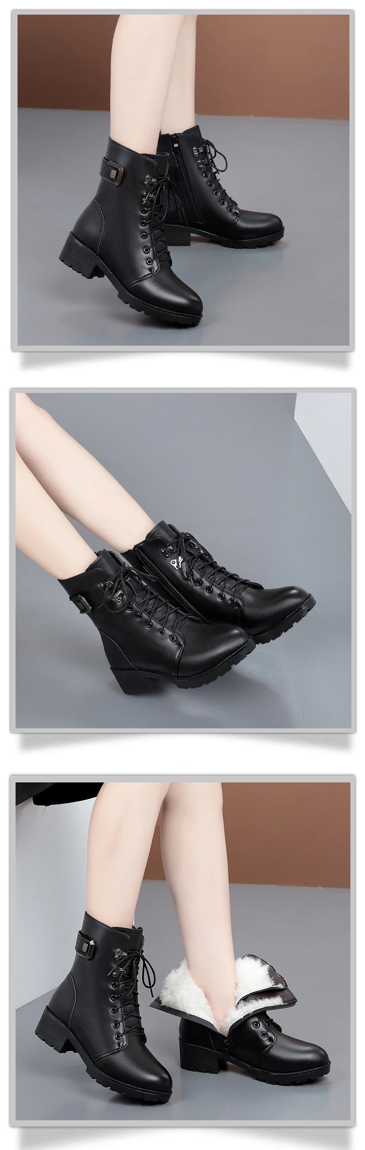 WOIZGIC Female Ladies Women Genuine Leather Ankle Boots Platform Winter Antumn Plush Fur Warm Shoes Plus Size Lace Up 35-43