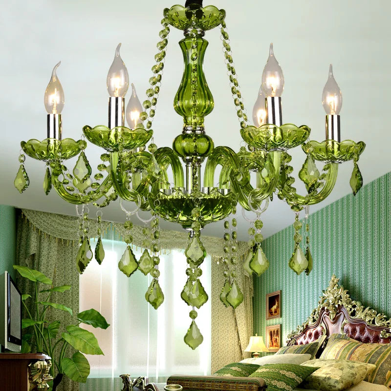 Luxury Green Crystal Chandelier Wedding Parlor Bedroom Villa Hanging Lamp Hotel Restaurant Cafe Bar E14 Candle Pendant Lights