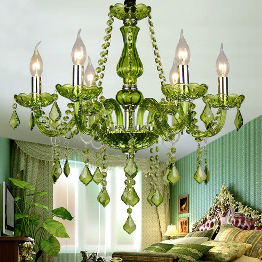 Luxury Green Crystal Chandelier Wedding Parlor Bedroom Villa Hanging Lamp Hotel Restaurant Cafe Bar E14 Candle Pendant Lights