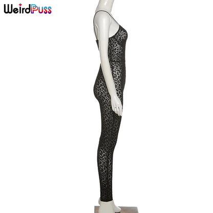 Weird Puss Leopard Print Sexy Skinny Women Jumpsuit Sleeveless Backless Fit Workout Activewear Party Nightclub Stretch Outfits