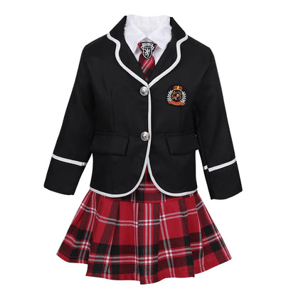Kids Girls British Style School Uniforms Student Cosplay Anime Costume Suit Long Sleeve Coat With Shirt Tie Mini Skirt Set 4Pcs