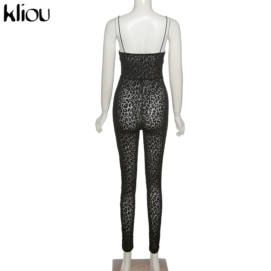 Kliou Flocking Mesh Jumpsuit Women Autumn Sexy Camis Leopard Patchwork Body-Shaping One Piece Clothing Midnight Attire Clubwear