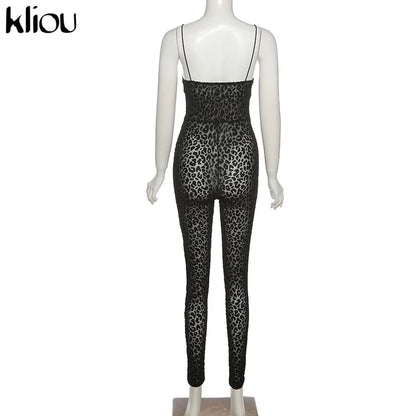Kliou Flocking Mesh Jumpsuit Women Autumn Sexy Camis Leopard Patchwork Body-Shaping One Piece Clothing Midnight Attire Clubwear