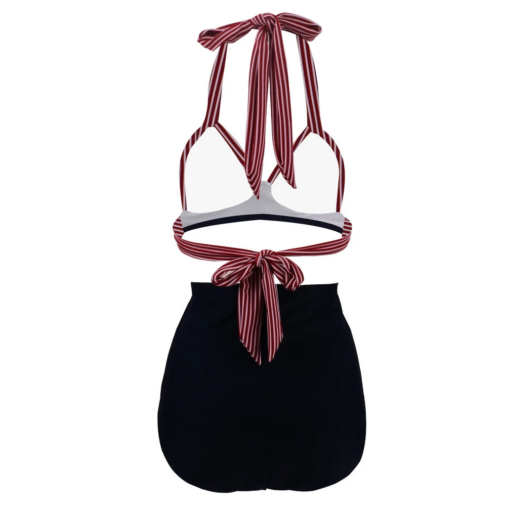 Pleated Bikini Red Top Navy Blue With White Dots Bottom Women Classic High Waist Halter Bikini Sets Plus Size Two-piece Swimwear