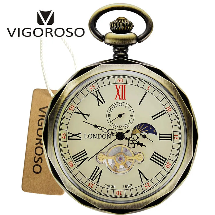 Antique Vintage Luxury Mechanical Pocket Watch Bronze Roman Numerals Sub-dials Moon-phase with Chain&Box