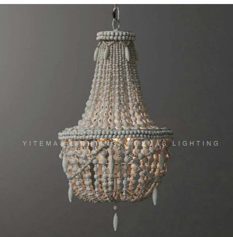 French Country white wood Bead Chandelier dining room bedroom princess Decorative chandelier 3/5 lights hanging light fixture