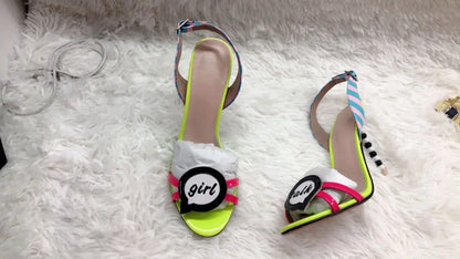 Women Slingback Sandal String Beading Heel Yellow Pink Printed Leather Gladiator Pearl Heels Patchwork Celebrating Summer Shoes