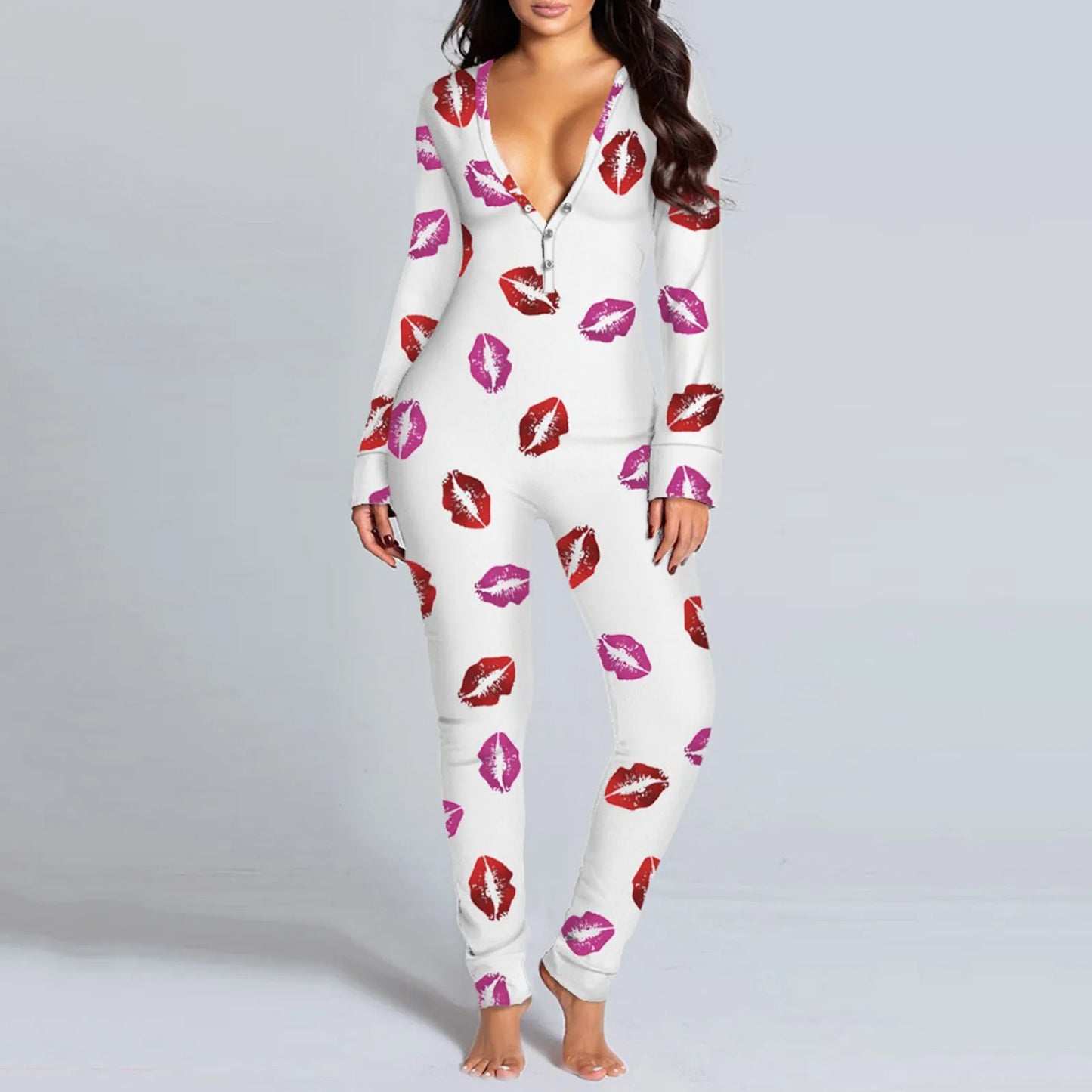 Sexy Women Pajamas Onesies Button-down Front Buttoned Flap Adults Pyjama Plaid Cow Print V-neck Long Sleeve Jumpsuit Sleepwear