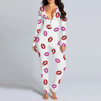 Sexy Women Pajamas Onesies Button-down Front Buttoned Flap Adults Pyjama Plaid Cow Print V-neck Long Sleeve Jumpsuit Sleepwear