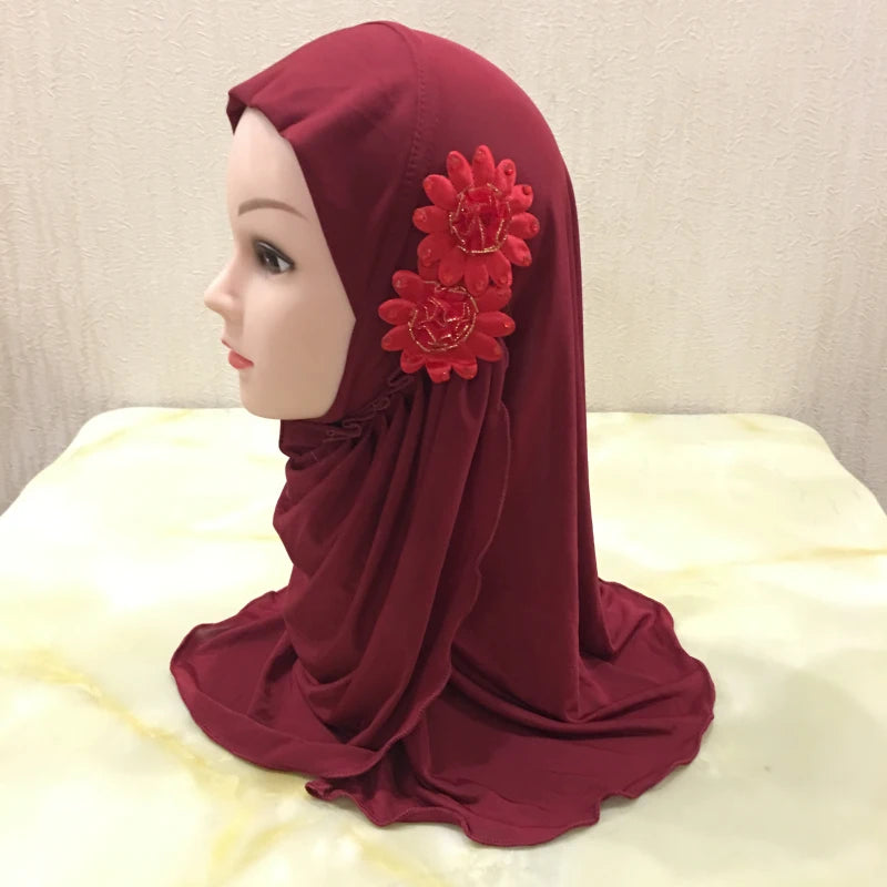 H081 beautiful small girl hijab with flowers cute hijab hats women's caps can fit 2-6 years old girls