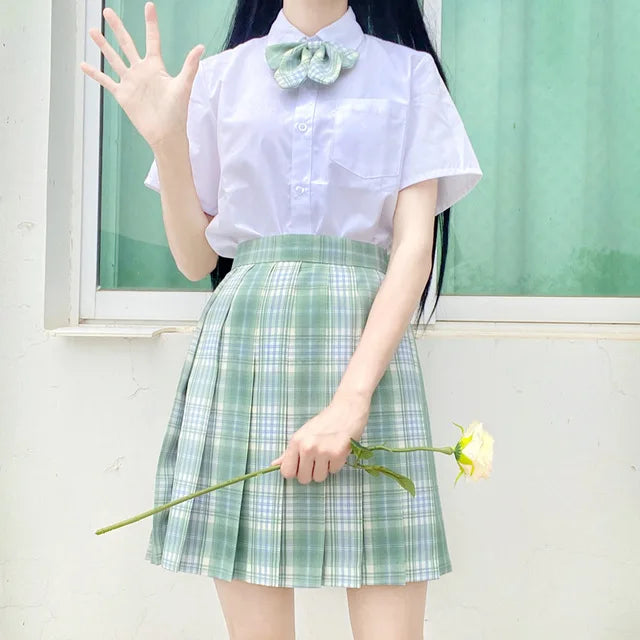 School Girl Uniform Pleated Skirts Japanese School Uniform High Waist A-Line Plaid Skirt Sexy JK Uniforms for Woman Full set