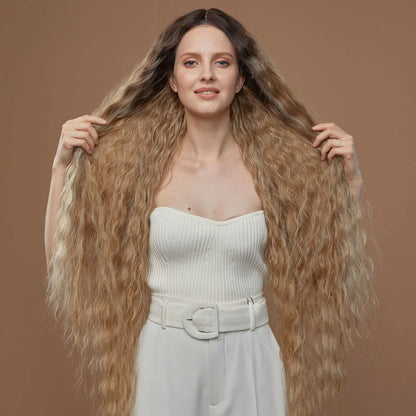 FASHION IDOL 42inch/105cm Super Long Lace Front Wigs Water Wavy Curly Hair Synthetic Wigs For Women Ombre Blonde Wigs Cosplay