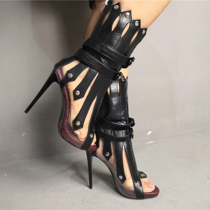 Sexy Vertical Shape Stiletto Heel Ankle Boots Peep Toe Metal Heels Studded Strappy Sandals Red White Black Runway Boot Shoes
