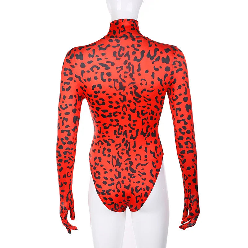 OMSJ Hot Selling Trendy Hipster Turtleneck Rompers For Women Full Sleeve Connection Gloves Leopard Print Streetwear Y2k Body Top