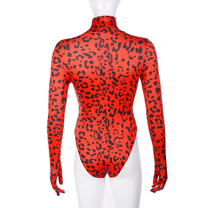 OMSJ Hot Selling Trendy Hipster Turtleneck Rompers For Women Full Sleeve Connection Gloves Leopard Print Streetwear Y2k Body Top