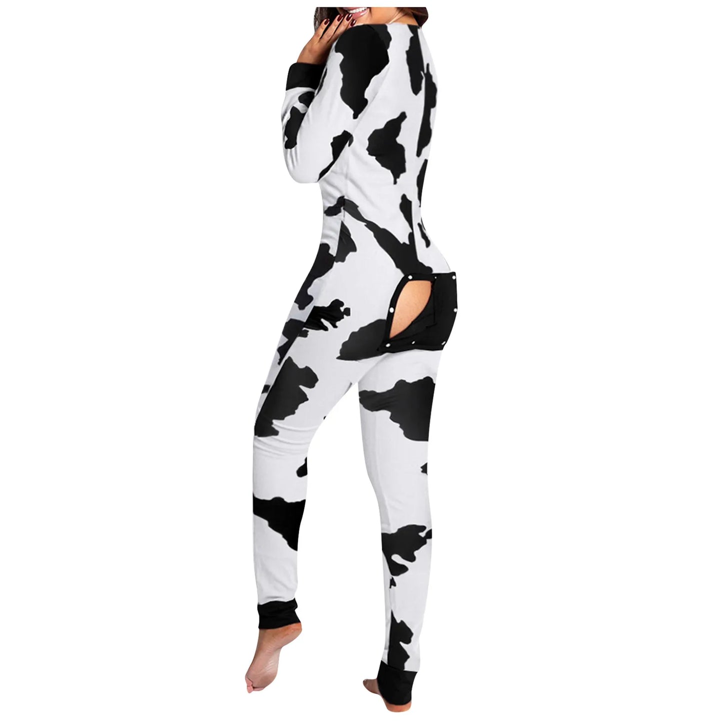 Sexy Women Pajamas Onesies Button-down Front Buttoned Flap Adults Pyjama Plaid Cow Print V-neck Long Sleeve Jumpsuit Sleepwear