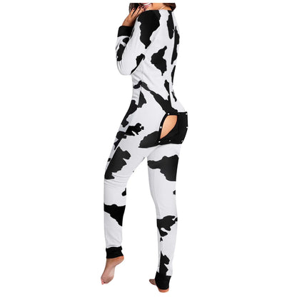 Sexy Women Pajamas Onesies Button-down Front Buttoned Flap Adults Pyjama Plaid Cow Print V-neck Long Sleeve Jumpsuit Sleepwear