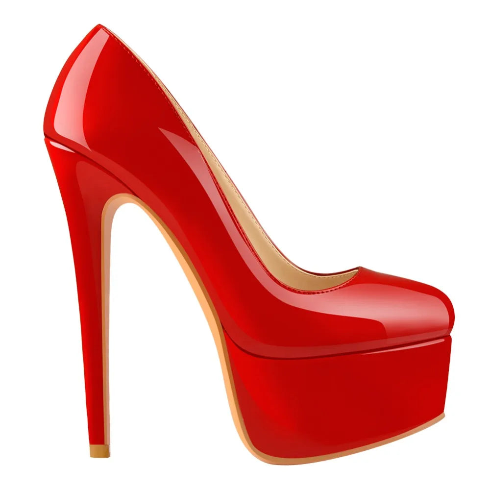 Onlymaker Women Platform Round Toe Pumps  Slip On Stiletto  Black Patent High Heels  Wedding Party Plus Size Sexy Shoes