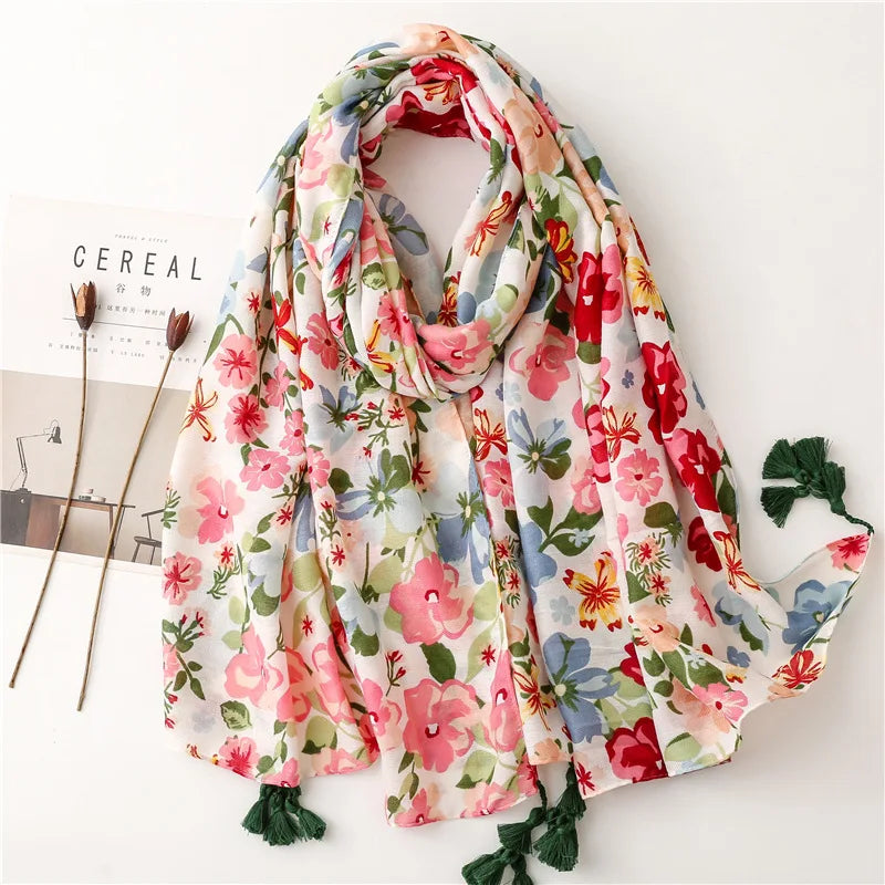 2026 Luxury Brand Ink Painting Floral Tassel Viscose Shawl Scarf Lady High Quality Pashmina Hijab and Wraps Foulard Muslim Sjaal