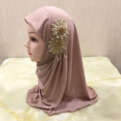 H081 beautiful small girl hijab with flowers cute hijab hats women's caps can fit 2-6 years old girls