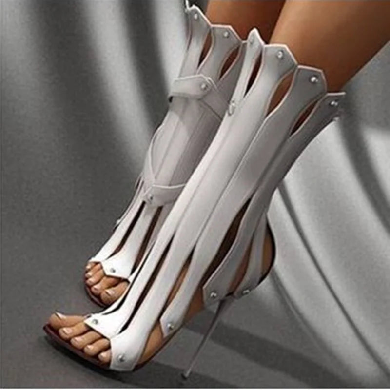 Sexy Vertical Shape Stiletto Heel Ankle Boots Peep Toe Metal Heels Studded Strappy Sandals Red White Black Runway Boot Shoes
