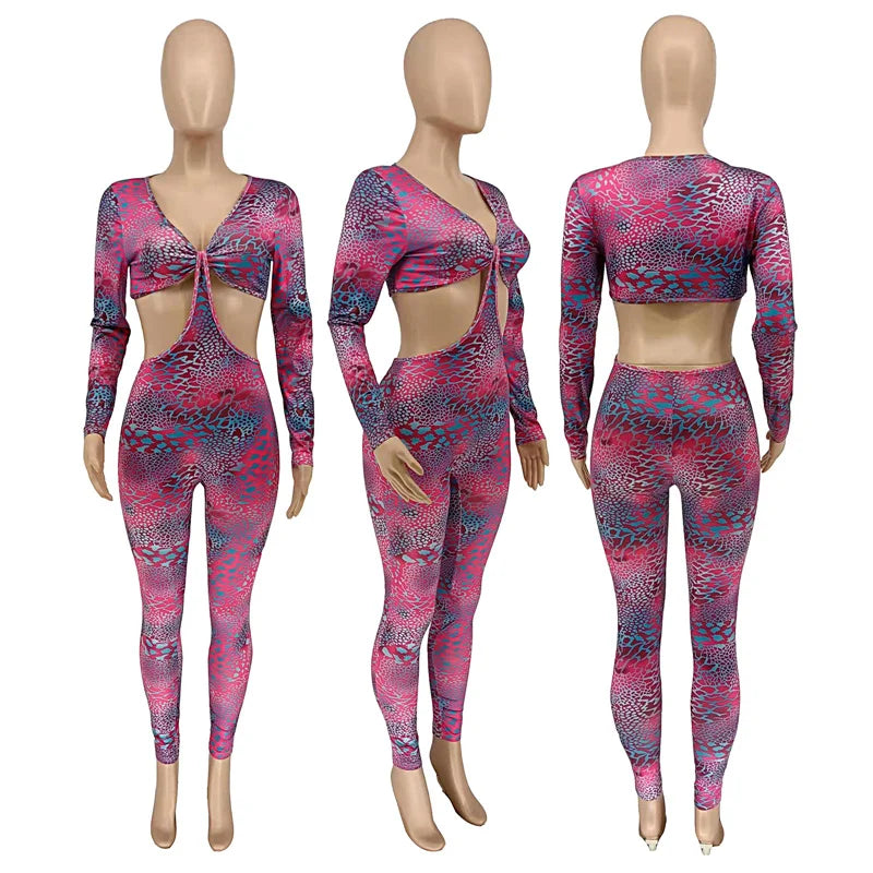 Sexy Hollow Out Rompers Womens Jumpsuit Long Sleeve Snakeskin Printed Club Wear Skinny Slim Party Jumpsuits Bodycon Overalls
