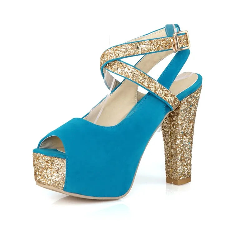 12CM High Heel Thick Heel Sandals Spring and Summer New Style Buckle Fish Mouth Women's Shoes Black Blue Plus Size 32-43