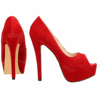 2026 Women Pumps New Fashion 14cm Sexy Peep Toe High Heels Velvet Platform Thin Heel Lady Party Dance Red Wedding Woman Shoes