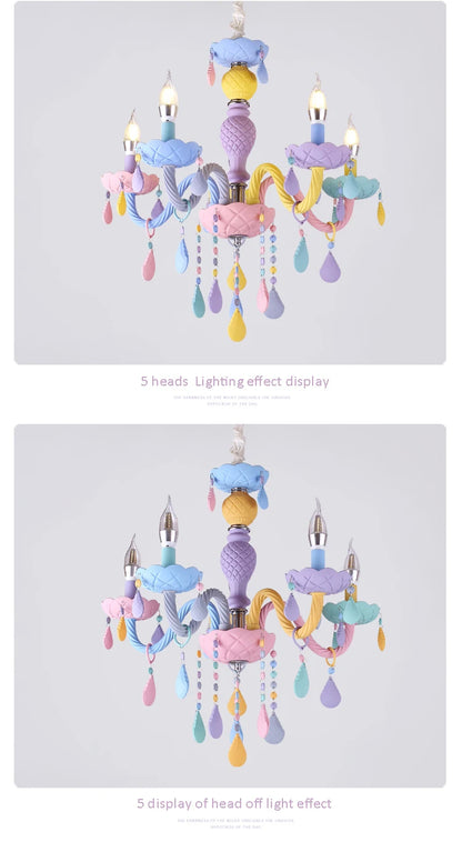 Rainbow Crystal Chandelier European Candle Lustres Bedroom Children's Room American LED E14 8 Lights Princess Makaron Kid Lamps