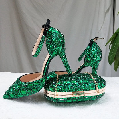 BaoYaFang 2022 NEW ARRIVE Green Crystal Wedding Shoes Woman Thin Heel Pointed Toe Bridal Party Dress Shoe Big Size High Pumps