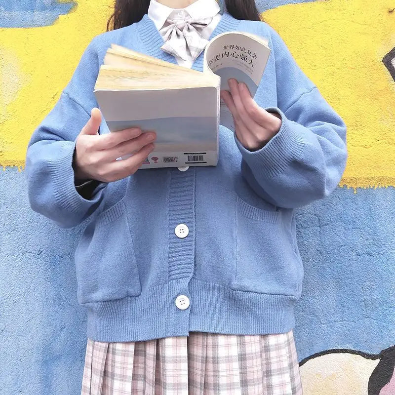 Japan School Sweater Spring Autumn V-neck Cotton Knitted Sweater College Style JK Uniform Cardigan 4 Color Student Girls Cosplay