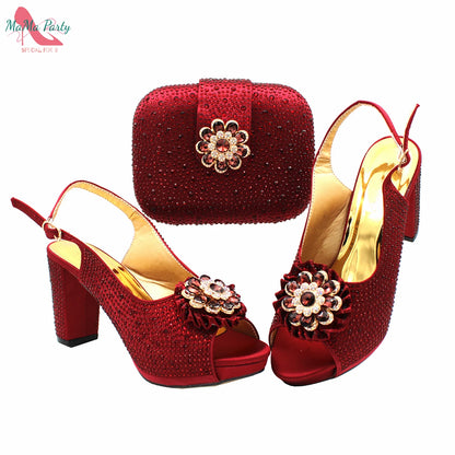 Buckle Strap Sandals Nigerian Women Shoes and Bag Set in Yellow Color with Shinning Crystal Italian Lady Shoes and Bag for Party