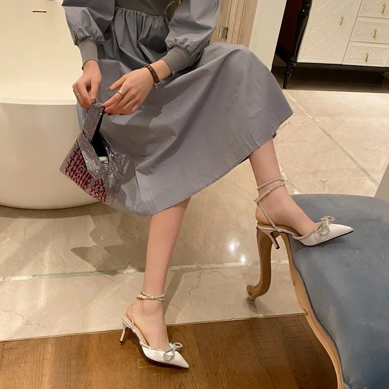 2026 New Fashion Glitter Rhinestones Women Pumps Crystal Bowknot Silk Pointed Toe Buckle Strap Thin High Heels Party Prom Shoes