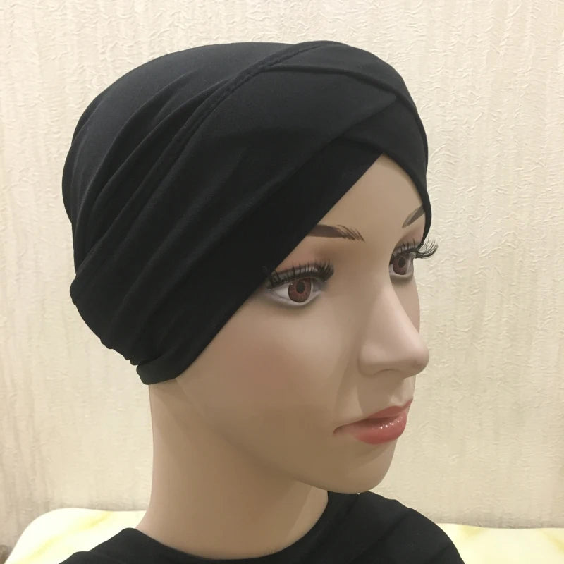 H117 Forehead criss Cross Muslim Turban Pure Color Stretch Inner Hijabs For Caps Ready To Wear Women Head Scarf Under Bonnet