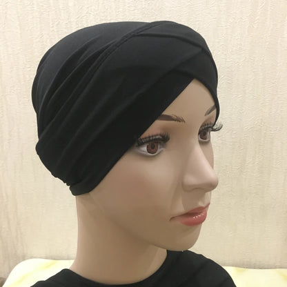H117 Forehead criss Cross Muslim Turban Pure Color Stretch Inner Hijabs For Caps Ready To Wear Women Head Scarf Under Bonnet