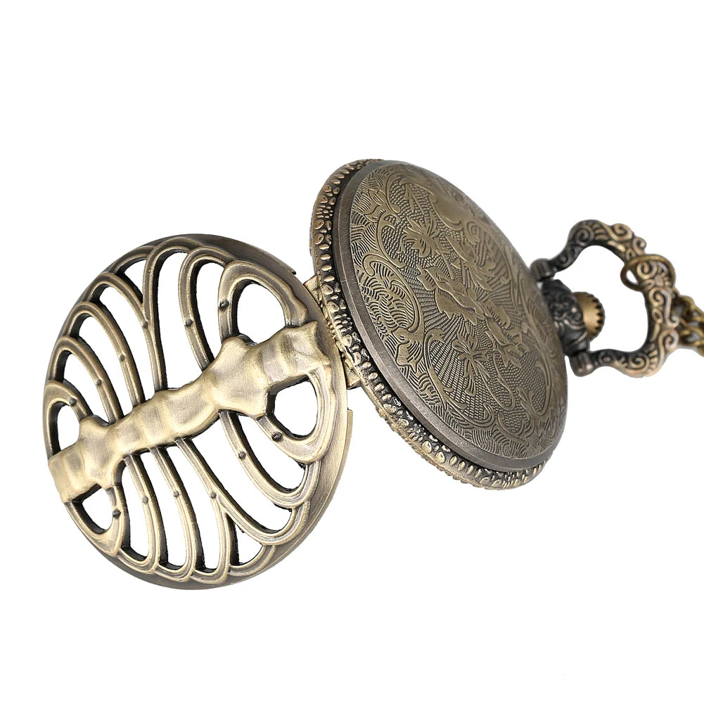 Retro Bronze Pocket Watch Hollow Case Quartz Design Steampunk Gold Arabic Dial Necklace Pendant Clock Men Women Reloj De Bolsill
