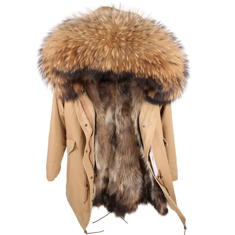 Maomaokong 2026 New Natural Fur Lining Real Fur Coat Winter Jacket Women Raccoon Fur Collar Warm Thick Parkas Female Clothing