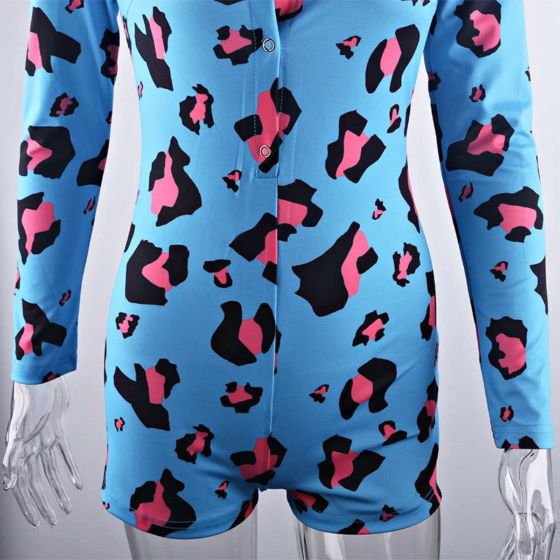 OMSJ 2024 Rompers Women Sleepwear Sky Blue Leopard Print Long Sleeve Short Jumpsuit Sexy Onesie For Adult Female Nightwear S-3XL