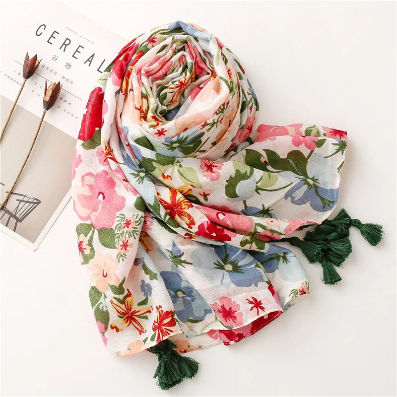 2026 Luxury Brand Ink Painting Floral Tassel Viscose Shawl Scarf Lady High Quality Pashmina Hijab and Wraps Foulard Muslim Sjaal