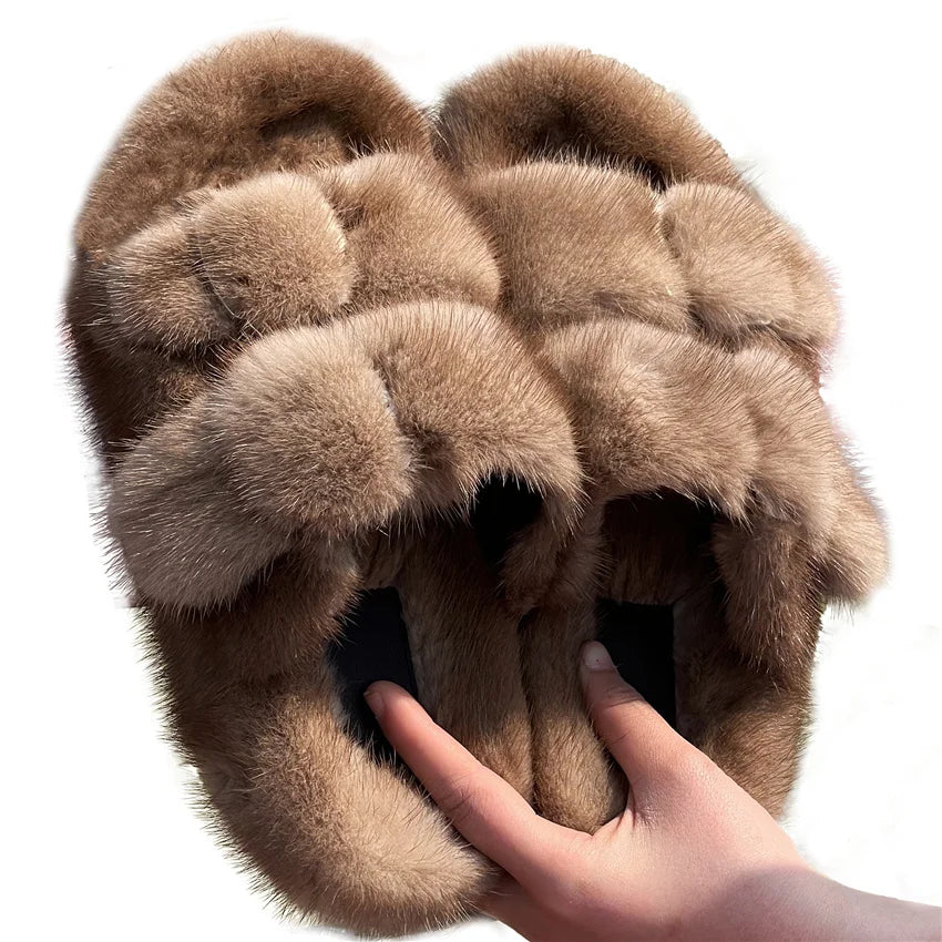 Slippers Ladies Summer Fluffy Mink Fur Slippers 100% Mink Fur Slippers Ladies Sandals 2021 Home Slippers Girls Outdoor Slippers