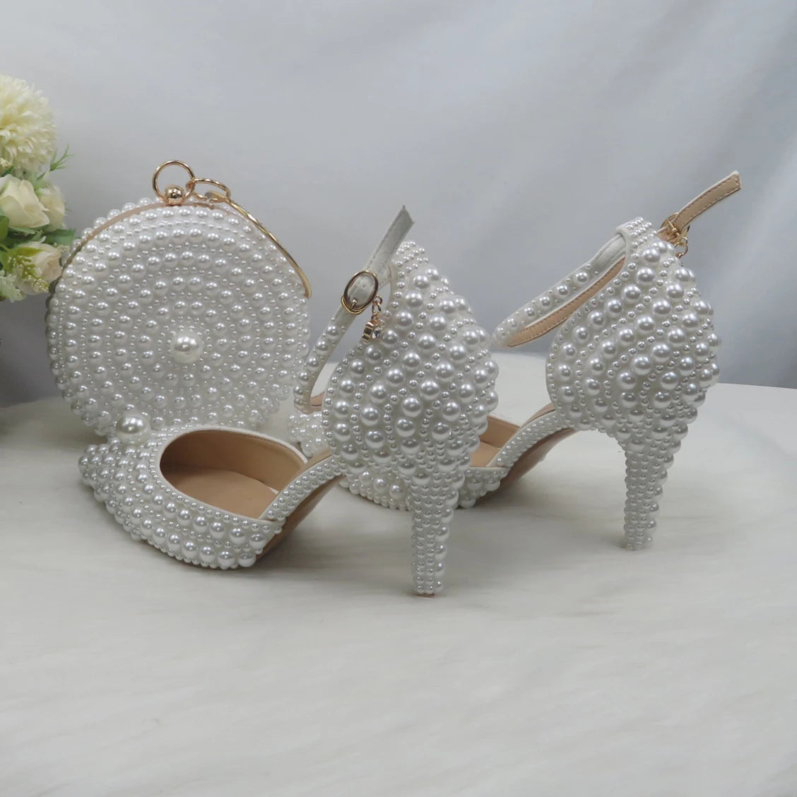 BaoYaFang White Beads Pearl Women Wedding Shoes Bride High Heels Shoes Ladies Super Big Size Party Dress Shoes Woman Pointed Toe