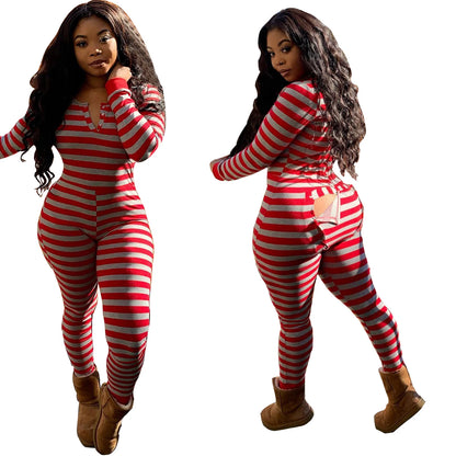2025 Sexy Women Ladies Deep V Neck Overalls Butt Flap Pajamas Sleepwear Long Sleeve Bodycon Bodysuit Jumpsuit Rompers Clubwear