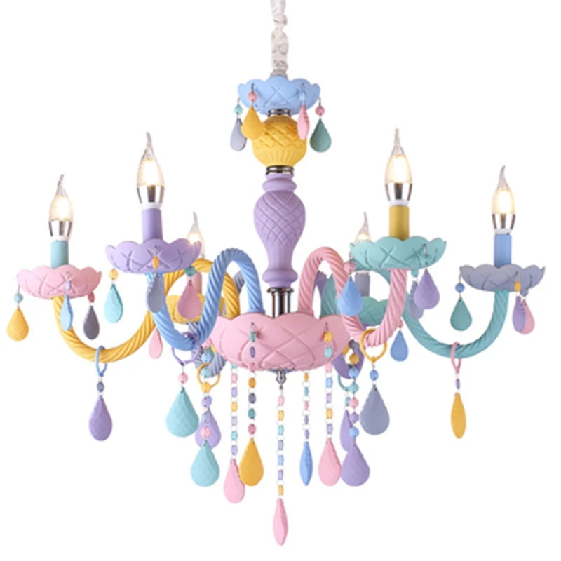 Rainbow Crystal Chandelier European Candle Lustres Bedroom Children's Room American LED E14 8 Lights Princess Makaron Kid Lamps