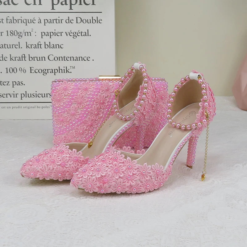 AB Pink Pearl Flower Wedding Shoes With Matching Bags High Heels Pointed Toe Ankle Strap Ladies Party Shoe and Bag Set
